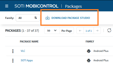 Location of download link for Package Studio