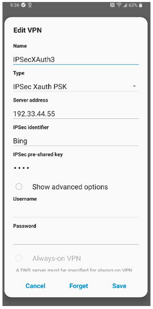 VPN settings screen for IPSec XAuth PSK on an Android device.