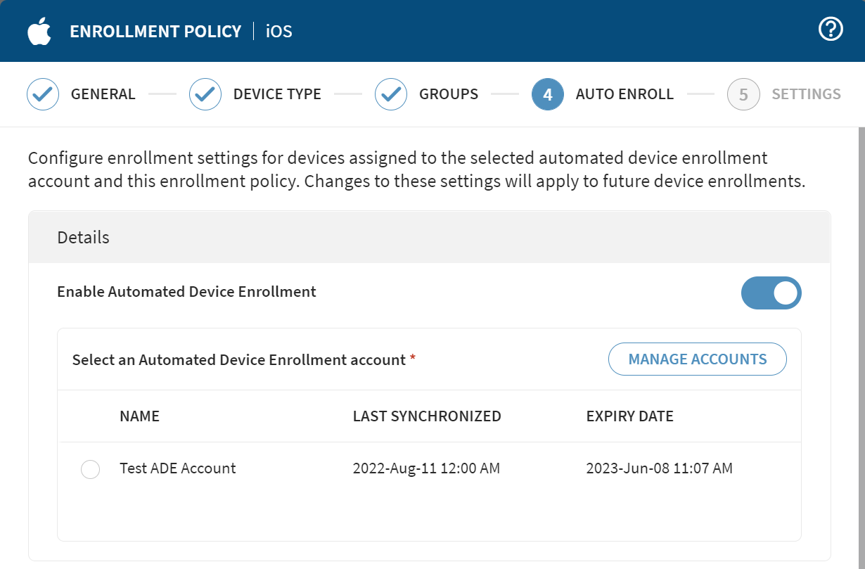 Selecting Manage Accounts for Auto Device Enrollment