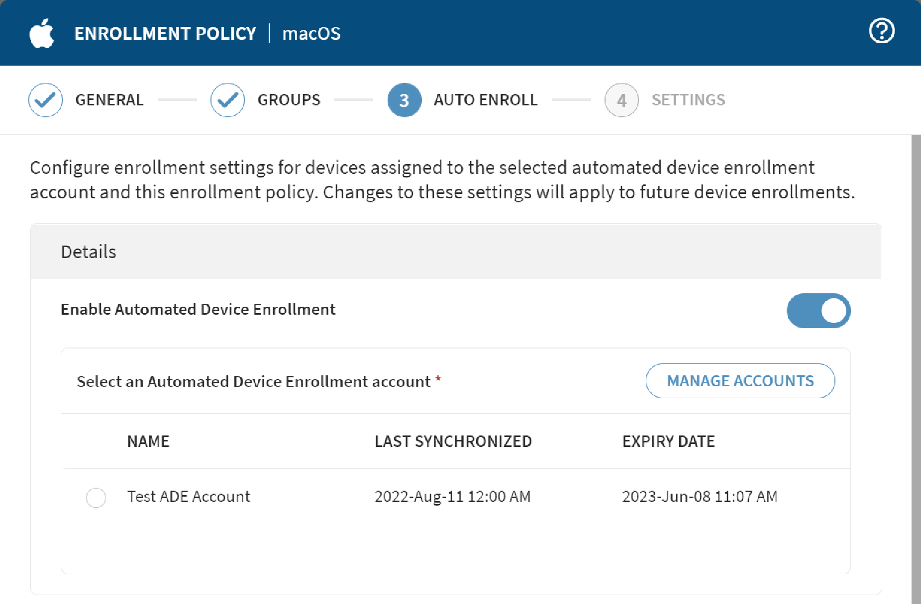 Selecting Manage Accounts for Auto Device Enrollment
