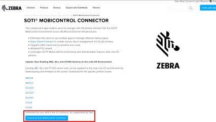 Location of download link for Zebra SOTI Connector