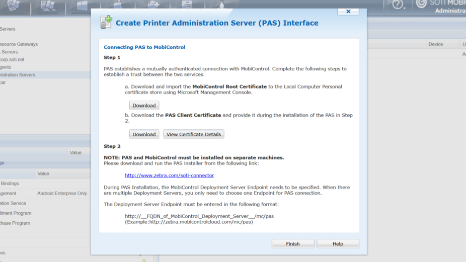 Certificate download screen in PAS wizard.