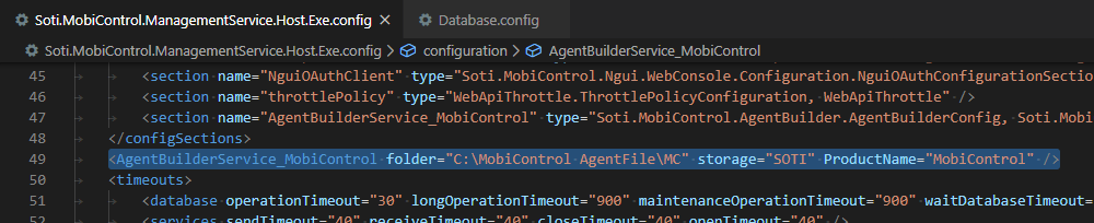 AgentBuilderService_MobiControl section in Soti.MobiControl.ManagementService.Host.exe.config