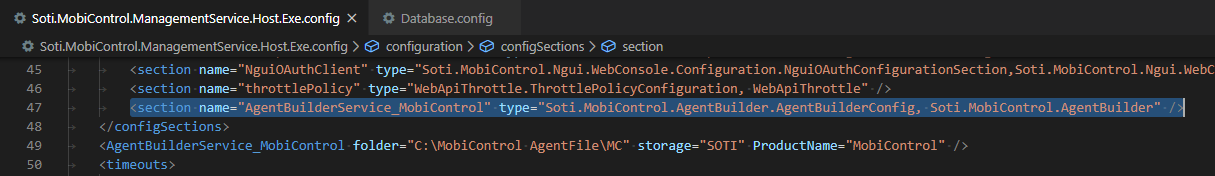 New configuration section in Soti.MobiControl.ManagementService.Host.exe.config