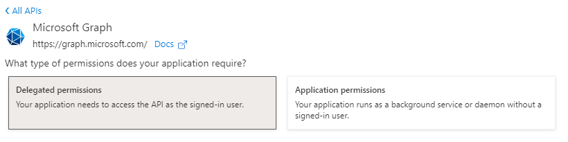 Azure AD Microsoft Graph delegated permissions selection.