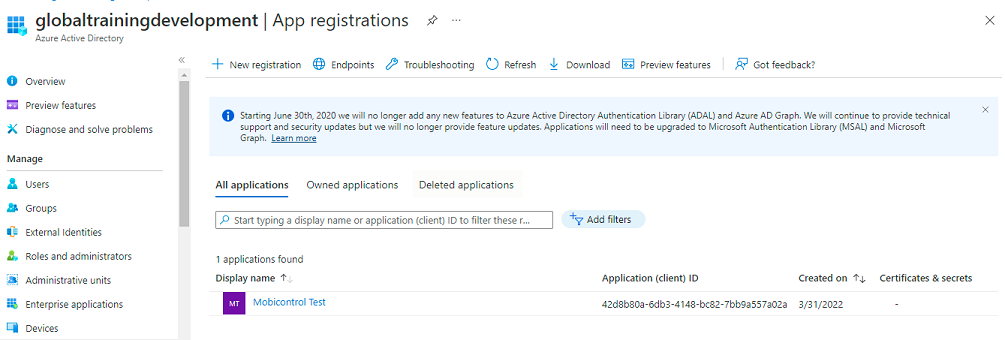 Azure AD app registration screen.