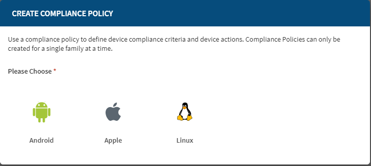 Image of the Create Compliance policy screen with Android, Apple, and Linux selections.