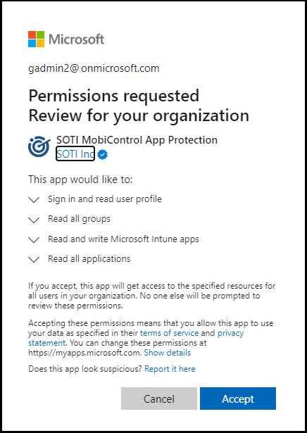 Microsoft permissions screen request