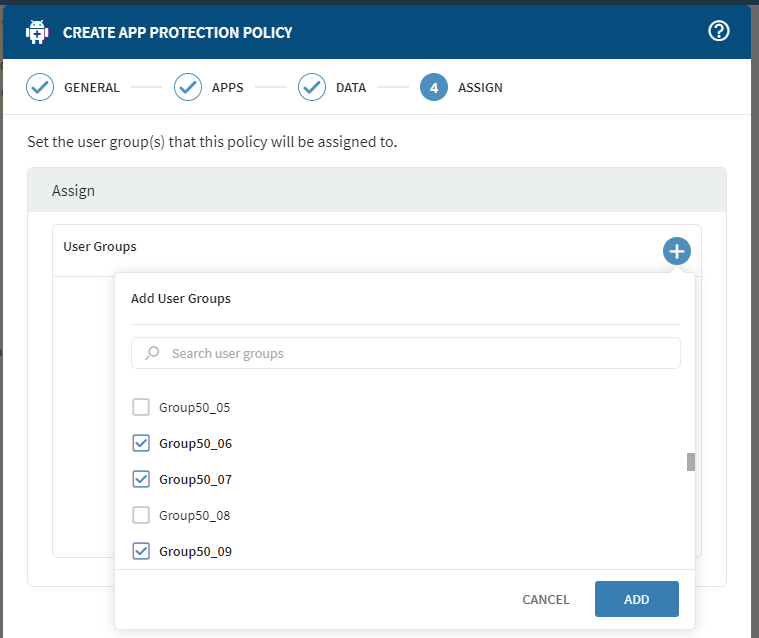 The Assign step of the Create App Protection Policy wizard
