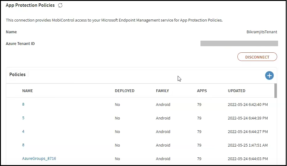 App Protection policy section showing connection and existing profiles