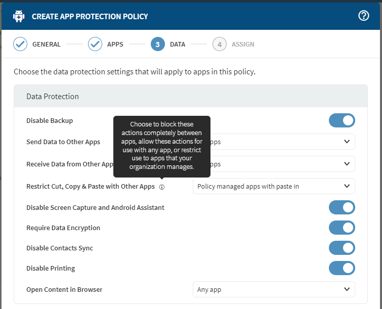 The data step of the Create App Protection Policy wizard