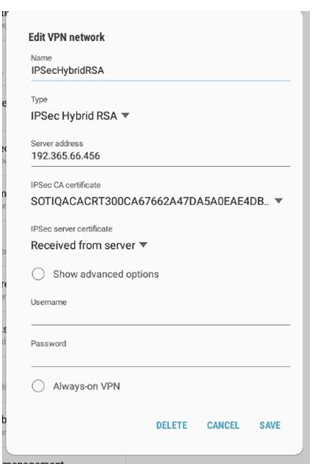 VPN settings screen for IPSec Hybrid RSA on an Android device.
