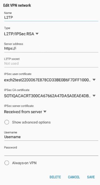 VPN settings screen for L2TP with certificate on an Android device.