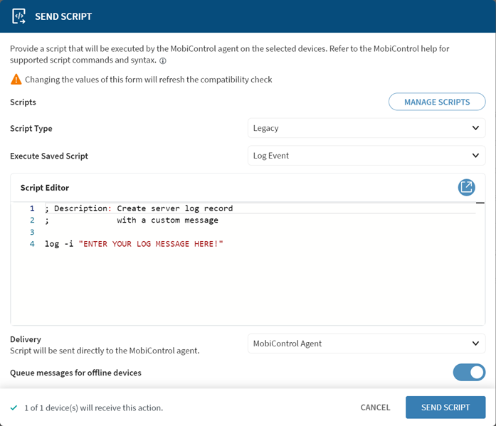 A Send Script window with Create New Script highlighted.