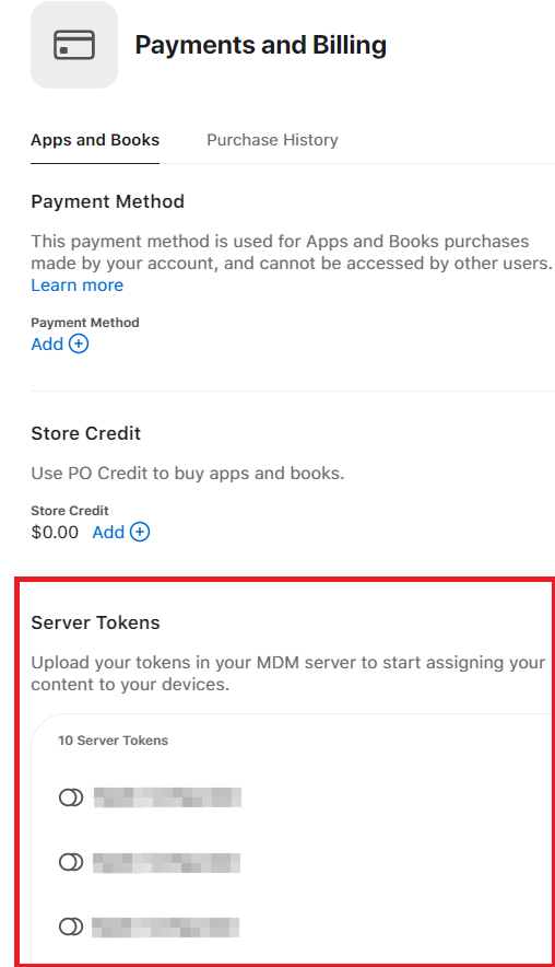 Apple Business Manager > Payments and Billing > Apps and Books > Server Tokens