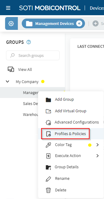 View profiles and policies for device groups