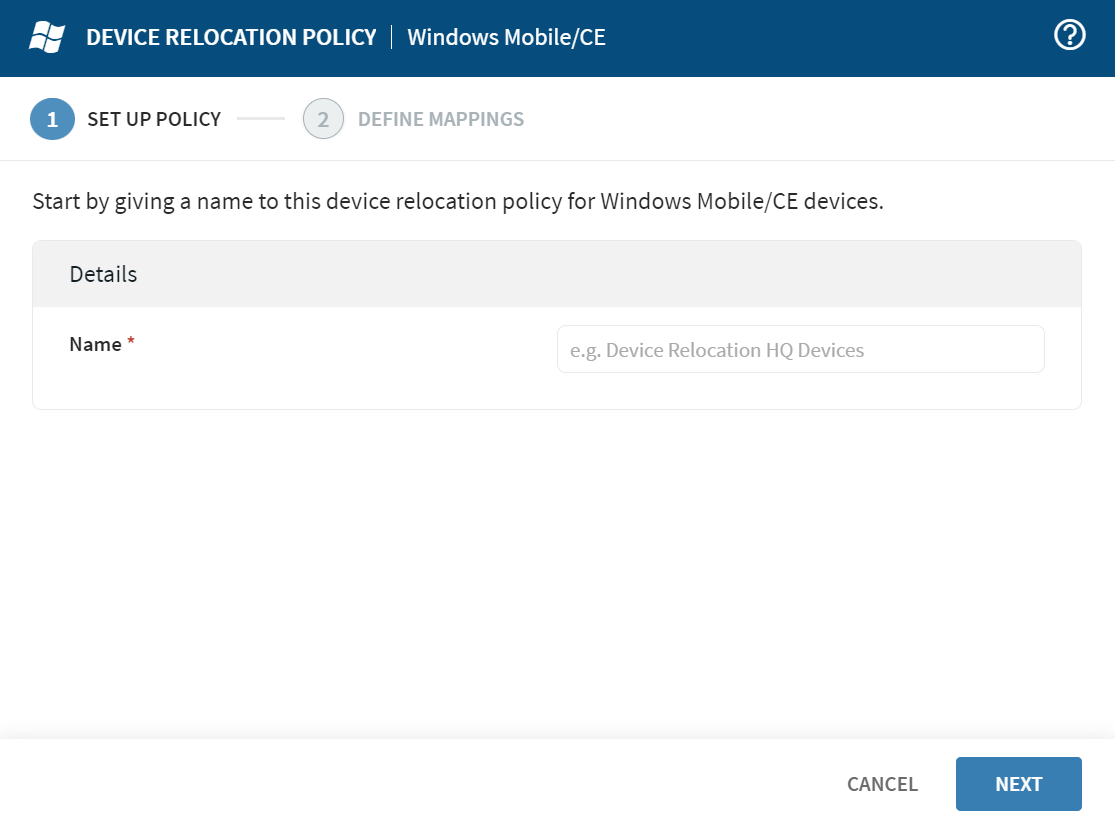 Windows Mobile/CE Set Up Policy form