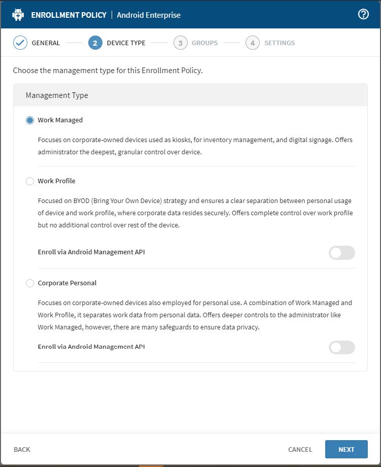 Enrollment Policy for Android Enterprise screen, Device tab