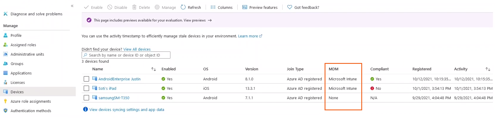 Microsoft Endpoint Manager Devices screen showing Microsoft Intune in the MDM column