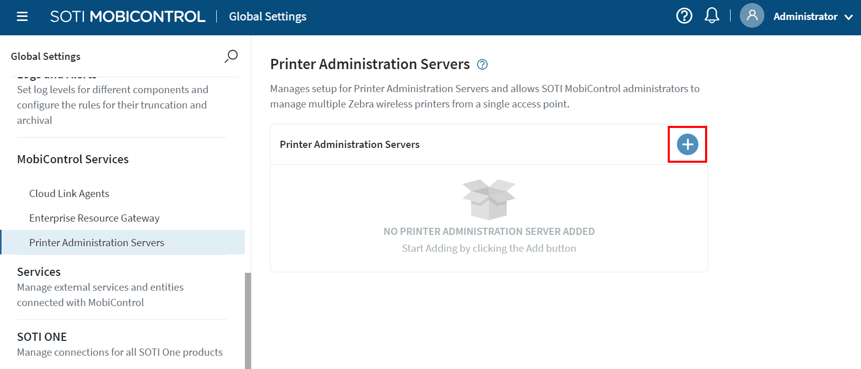 Printer Administration Servers Add option