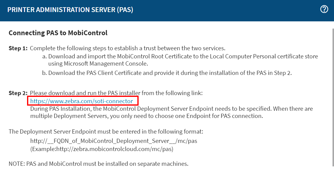 Printer Administration Server (PAS) installer link