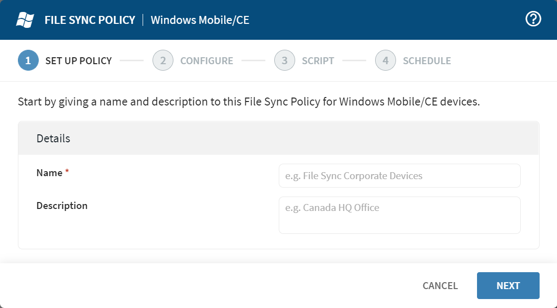 Windows Mobile/CE Set Up Policy form