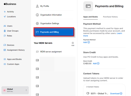 Payments and Billing option in Preferences