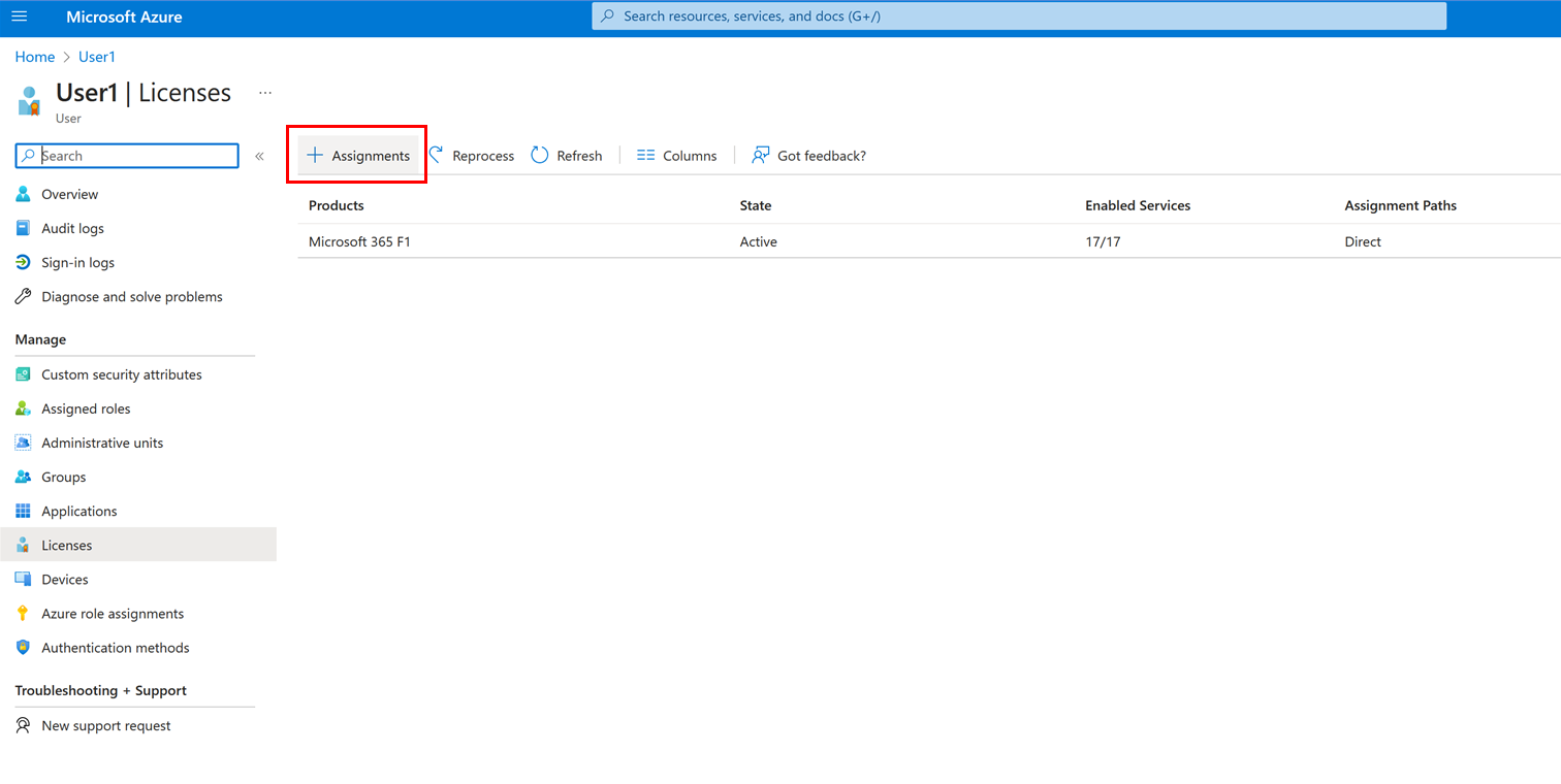 Azure AD window with the Licenses tab selected