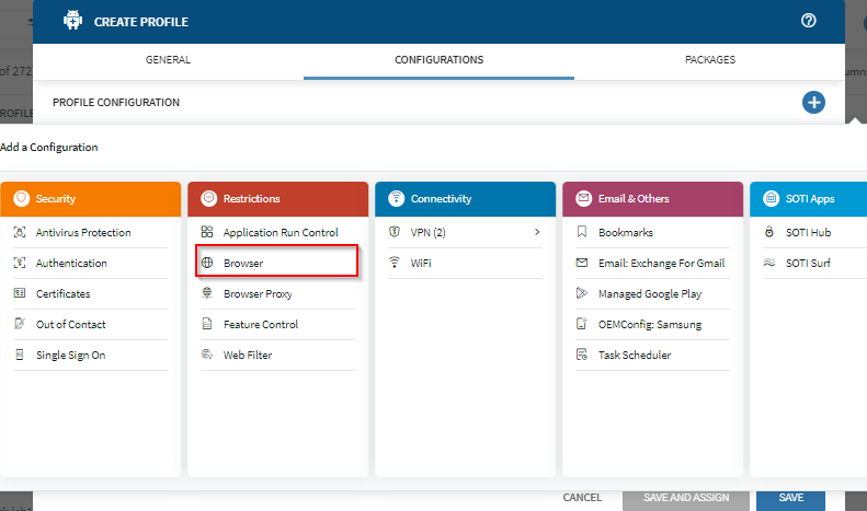 The Browser configuration payload in an Android Enterprise profile.