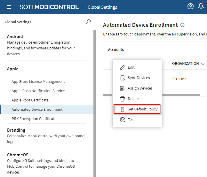 Set Default Rule option in the Global Settings view.