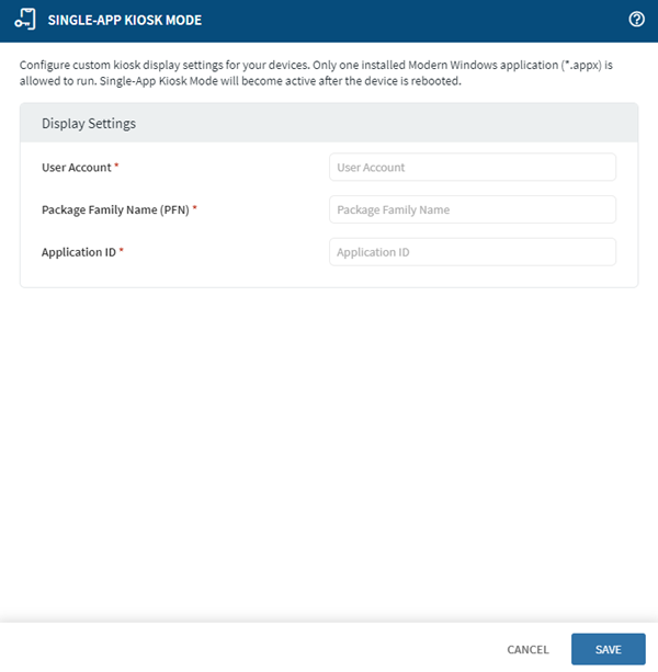 Configuring a Single App Kiosk Mode profile configuration.