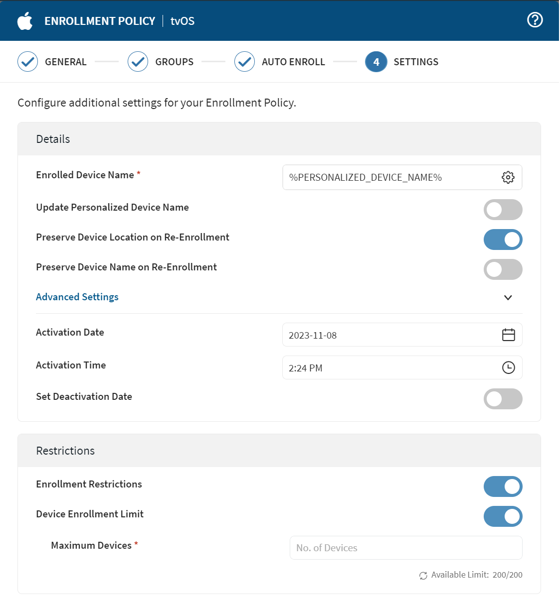 Enrollment policy Settings view