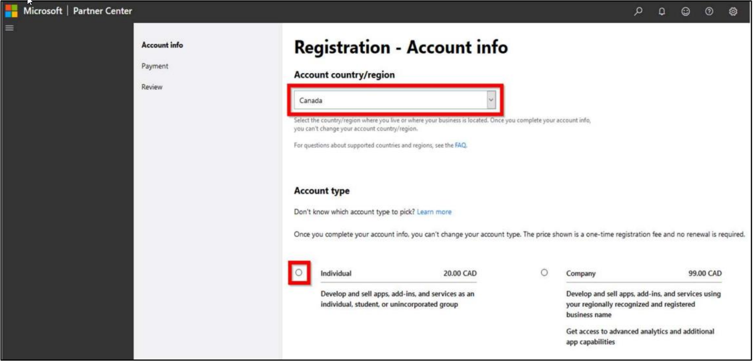 Microsoft Partner Center Account Info Registration page