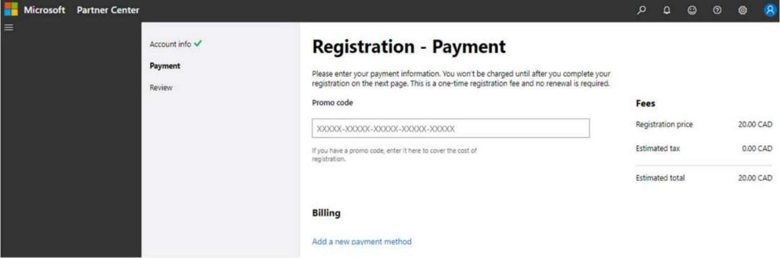 Microsoft Partner Center Payment Registration page
