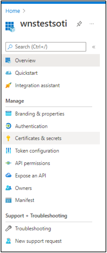 Left side menu showing Certificates and Secrets option