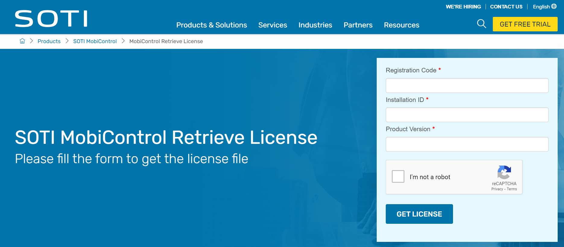 SOTI license retrieval page