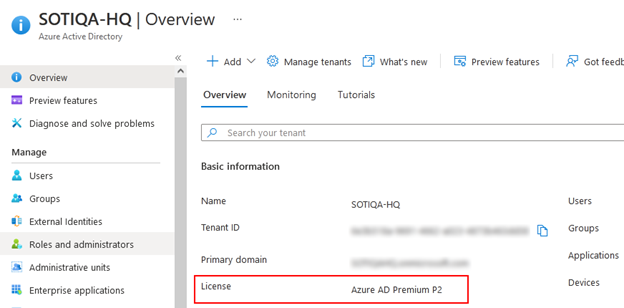 Azure AD subscription details screen.