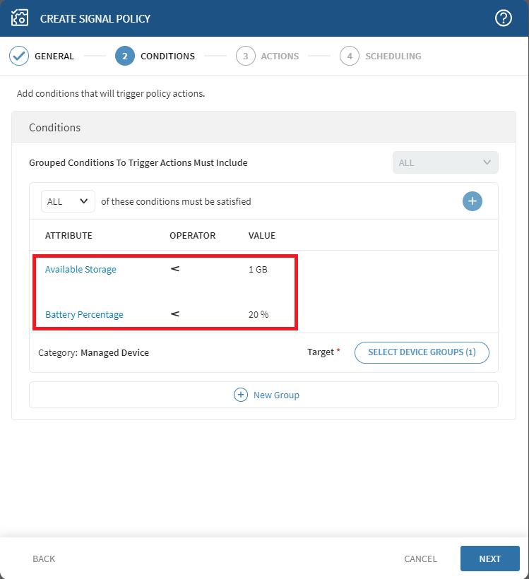 Signal Policy Wizard with battery and memory conditions highlighted