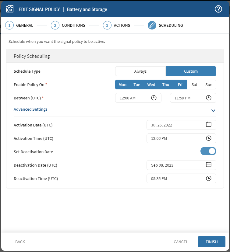 Signal Wizard schedule step with custom schedule