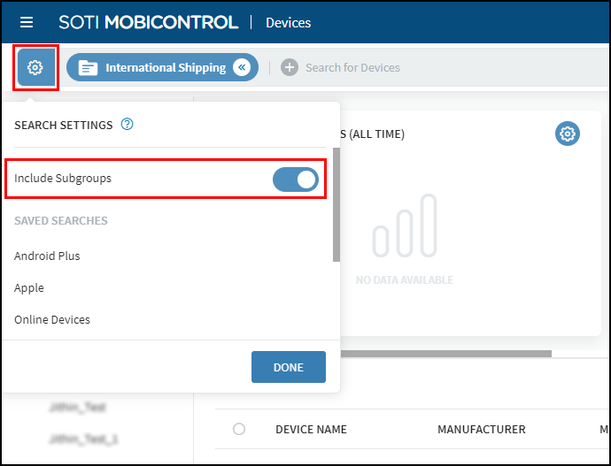 The device search settings menu.