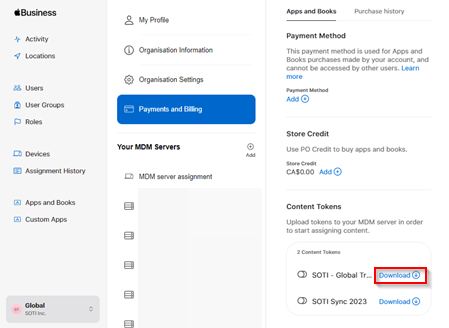 Apple Business Manager > Payments and Billing > Apps and Books > Content Tokens