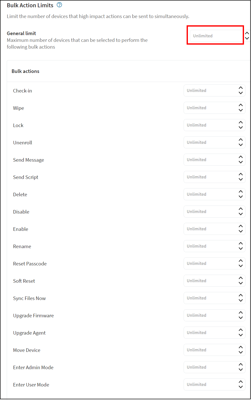 Bulk Action Limits panel with all limits at Unlimited