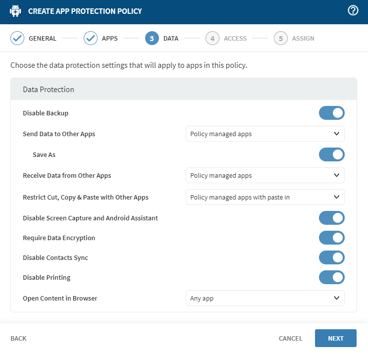 Data Protection settings