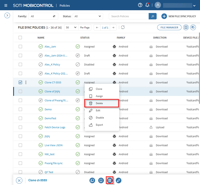 Selecting Delete from available file sync policy actions.