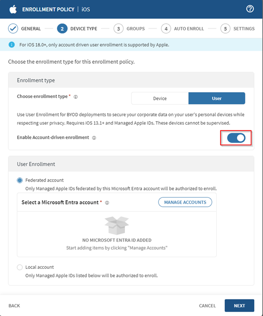 Toggling on Enable Account-driven enrollment.