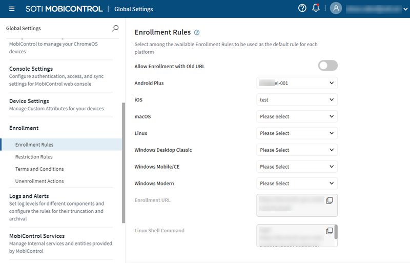 Enrollment Rules window in Global Settings