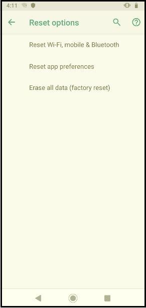 Factory Reset screen