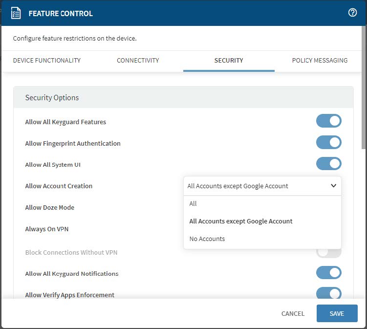 Feature Control screen