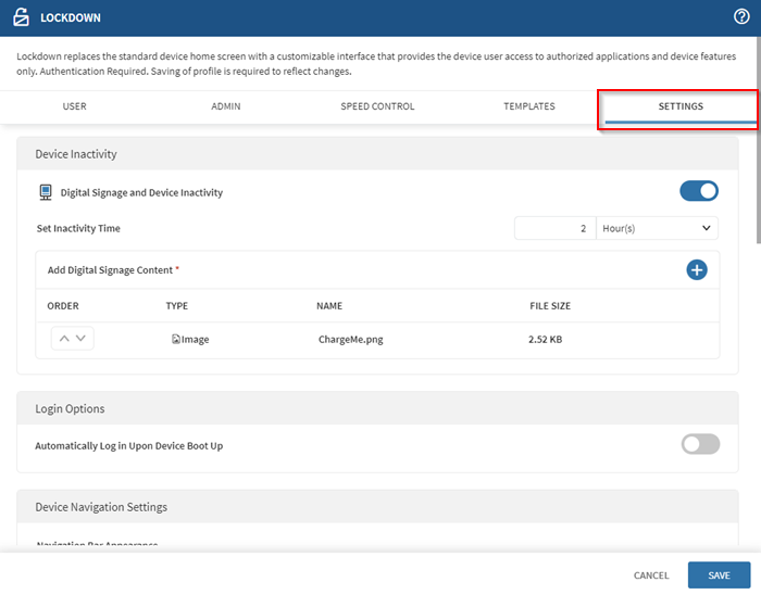 The Settings tab in the lockdown configuration.