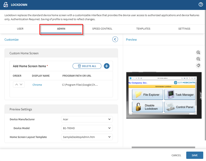 The Admin tab in the Lockdown configuration.